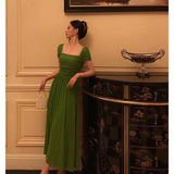 Poshoot Elegant A Line Square Neckline Green Long Prom Dresses Birthday Outfits Evening Gown SD978