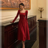 Poshoot Sexy A Line Square Neckline Red Velvet Prom Dresses Birthday Outfits Evening Gown SD979