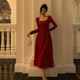 Poshoot Sexy A Line Square Neckline Red Velvet Prom Dresses Birthday Outfits Evening Gown SD979