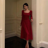 Poshoot Sexy A Line Square Neckline Red Velvet Prom Dresses Birthday Outfits Evening Gown SD979