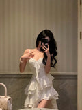 Poshoot Sexy High Low Spaghetti Straps White Chiffon Ruffles Prom Dresses Birthday Outfits Evening Gown SD987