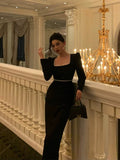 Poshoot Elegant Sheath Square Neckline Black Velvet Prom Dresses Birthday Outfits Evening Gown SD989