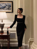 Poshoot Elegant Sheath Square Neckline Black Velvet Prom Dresses Birthday Outfits Evening Gown SD989