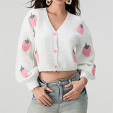 Poshoot Y2k Cherry Embroidery Cropped Sweater For Women Knit Cardigan Female Autumn Long Sleeve Loose Knitted Coats Jackets