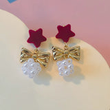 Poshoot Christmas Bowknot Flocking Wreath Earrings for Women Luxury Red Bow Snowflake Christmas Tree Drop Earring New Year Jewelry Gift