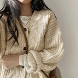 Poshoot Korean Single Breasted Twisted Cardigan Women 2024 Lazy Style Loose Sweater Jacket Woman Solid Color V Neck Cardigan Coat