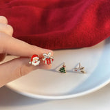 Poshoot 4 Pcs/set Cute Small Enamel Christmas Earrings for Women Trendy Santa Claus Elk Xmas Tree Stud Earrings Girls Party Jewelry Gift