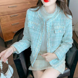 Poshoot Rimcoy Korean Sweet Tweed Jacket for Women Fashion Pearls Decor Round Neck Dress Coats Woman Long Sleeve Chic Jackets Female