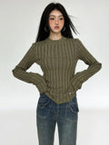 Poshoot Vintage Green Crop Sweater Women Fairy Grunge Striped Pullover Casual Slim Knitted Jumper Harajuku Fashion Sueter Mujer