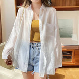 Poshoot White Chiffon Sun Proof Blouse Women Summer Loose Long Sleeve Casual Thin Shirt Woman Simple Solid All Match Beach Shirts Mujer