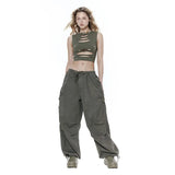 Poshoot Drawstring High Waist Pocket Loose Causal Cargo Pants Wide Leggings Sreetwear Trip Daily Autumn Winter Women Trousers