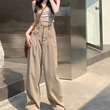 Poshoot High Waist Wide Leg Suit Pants for Women Korean Solid Straight Loose Trousers Woman All Match Pockets Casual Pants Laides