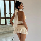 Poshoot Deep V Sexy Backless Halter Top Flower Ruffled Skirt Suit Female Sleeelevess 2024 Summer New Club Party Two Pieces Set