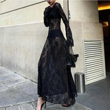 Poshoot Sexy See-through Lace Floral Maxi Dress Women's Black Long Sleeve O Neck Loose Resort Dress High Waist Party Dress Robe