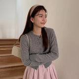 Poshoot Korean Fashion Gray Knitted Cardigan Women Chic Round Neck Cropped Cardigans Woman 2024 Elegant Single Breasted Sweater Coat