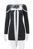 Poshoot Christmas Thanksgiving Gifts  Stripe Print Square Neck Long Sleeve A-Line Mini Dress