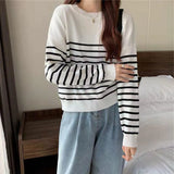 Poshoot Korean Style Striped Sweater Woman All Match Long Sleeve Knit Pullover Women Autumn Winter Basic O Neck Bottoming Shirt