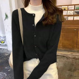 Poshoot Solid Color Knitted Cardigan Women Korean Single Breasted Long Sleeve Jumper Woman Round Neck All Match Cardigans Outwear