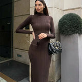 Poshoot Tight Knitted Long Dress Women's Autumn Solid Long Sleeve Knitted Dress High Neck Elegant Slim Ribbed Knitted Long Dress