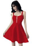 Poshoot 2022 New Sexy Dress Mesh Red Strap A-line Slim Fit Slim Ruffled Low Chest Zipper Korean Style Short Dress Women Charm PG9J