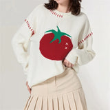 Poshoot Women Y2K Tomato Printed Pullover Sweater Top Oversized Fruit Graphic Long Sleeve Crew Neck Knit Sweater Fall Streetwear