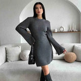 Poshoot Elegant Knitted Dress Women's New Solid Bottoming Sweater Dress O-neck Long Sleeve Slim Retro High Waist Dress Robe 2024