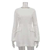 Poshoot Elegant Women's Mini Dress White O Neck High Waist Long Sleeve Dress Fashion Patchwork Party Evening Dress Lady Vestidos