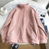 Poshoot Warm Thicken Zipper Stand Collar Hoodie Women Casual Long Sleeve Pullover Tops Woman Solid Color Loose Plush Sweatshirt