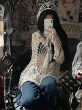 Poshoot Y2k clothesY2k Spider Web Hollow Hole Design Spice Girl Hooded Pullover Knit Top Sweater Women Korean Fashion свитер с узорами