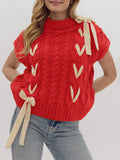 Poshoot Women Sleeveless Lace Up Ribbon Sweater Mock Neck Cap Sleeve Knit Vest Cute Bow Crochet Pullover Y2k Aesthetic Top Streetwear