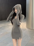 Poshoot Spring Autumn Fashion New Korean Style Soft Girl Tight Sexy Wrapped Hip Skirt Women's Hooded Long Sleeved Solid Color Dress A6NT