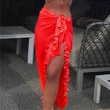 Poshoot 2024 New  Women Chiffon See-Through Beach Bikini Cover Up Wrap Scarf Swimwear Pareo Sarong Dress Solid Ruffle Casual Beach Dress