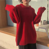 Poshoot Autumn Winter Red Sweater Women Round Neck Loose Knitted Jumpers Woman Christmas Style Long Sleeve Chic Sweaters Female