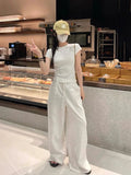 Poshoot Wide Leg White Linen Pants Woman Casual Basic Summer 2024 Oversize Female Straight Trousers Baggy Elastic Waist Pants