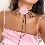 9 Colors Goth Elegant Big Rose Flower Choker Necklace Women Romantic Adjustable Bowknot Knotted Rope Chain Wed Y2K Accessories