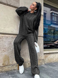 Poshoot Autumn Knit Outfits Women Two Piece Sets Rib Loose Pullover And Wide Legs Pants Streetwear Sweater Suit Matching Sets