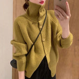 Poshoot Korean Fashion Turtleneck Knit Cardigans Women Autumn Winter Long Sleeve Button Knitwear Female Solid Color Loose Cardigan Coats