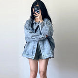 Poshoot Korean Style Denim Jacket Women 2024 Autumn New Long Sleeve Blue Coats Woman Retro Turn Down Collar Loose Jean Jacket Female