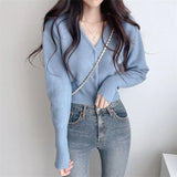 Poshoot Korean Chic Knitting Cropped Sweater Women Autumn Winter Long Sleeve Slim Fit Cardigans Woman Solid V Neck Cardigan Coats Female