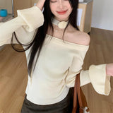 Poshoot Fashion Halter Off Shoulder Sweater Women Korean Flares Long Sleeve Knitting Pullovers Woman Chic Slim Fit Jumper Female