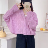 Poshoot Korean Fashion Cropped Cardigans Women Sweet Candy Colors V Neck Cardigan Coats Woman Long Sleeve Knitted Sweater Coat