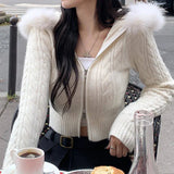 Poshoot-White Twisted Fluffy Zip Up Knitted Sweater