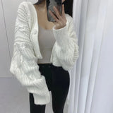 Poshoot Autumn Chic Women's Cropped Knitted Cardigan Solid Color Long Sleeve V Neck Cardigans Women All Match Button Up Sweater Shawl