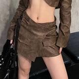 Poshoot Pu Faux Belt Leather High Waist Skirt Y2K Solid Streetwear Wholesale Casual Vacation Trip Daily Autumn Winter Clothing