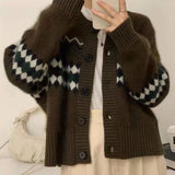 Poshoot 2023 Korean Cardigan Women Autumn Winter Long Sleeve Knitted Cardigans Woman Chic Button Up Printed Sweater Coat Female