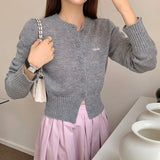 Poshoot Korean Fashion Gray Knitted Cardigan Women Chic Round Neck Cropped Cardigans Woman 2024 Elegant Single Breasted Sweater Coat