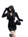 Poshoot Spring Autumn Fashion New Korean Style Soft Girl Tight Sexy Wrapped Hip Skirt Women's Hooded Long Sleeved Solid Color Dress A6NT