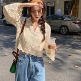 Poshoot Knit Hollow Out Cropped Shirt Women Fashion Long Sleeve Holes Summer Blouses Woman 2023 streetwear loose shirts female