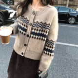 Poshoot 2023 Korean Cardigan Women Autumn Winter Long Sleeve Knitted Cardigans Woman Chic Button Up Printed Sweater Coat Female