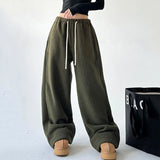 Poshoot Faux Lambswool Warm Wide-Leg Pants Women 2024 Chic Drawstring Waist Winter Joggers Woman Solid Color Loose Sweatpants Female